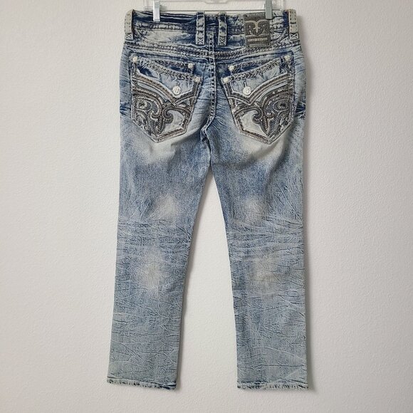 NEW Rock Revival Meyrick Straight Distressed Denim Jeans Size 32x32 Blue - Picture 1 of 5